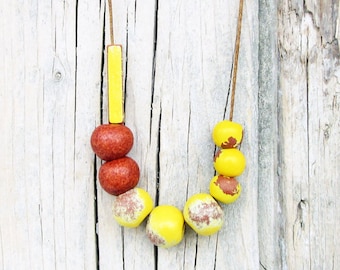 Yellow and Terracota Ceramic Necklace, Boho Necklace, Geometric Necklace, Natural Necklace, Ceramic Jewelry, asymmetrical necklace