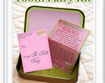 Tooth Fairy Kit in blue & pink - 2 separate versions - tiny letter from tooth fairy, door hangers, dental chart, altoid box decor