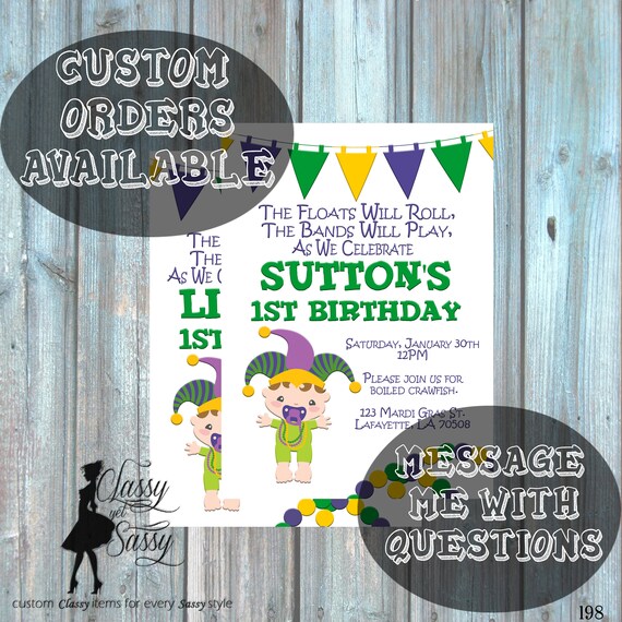 Mardi Gras Birthday Party Invitation, Mardi Gras Party, Parade party, New Orleans Baby, New -198