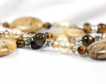Tigereye Rosary with off-white Swarovski pearls and brown crystals, Beaded Rosaries, Handmade Rosary, Brown Rosary