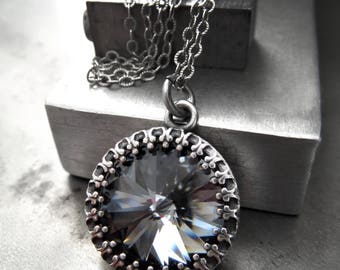 Swarovski Crystal Midnight Black Rivoli Necklace, Vintage Style Wedding Bridal Bridesmaid Jewelry, Antiqued Silver Crown Bezel Pendant