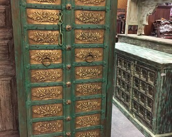 Antique Armoire Brass Floral Carved Green Patina Storage Cabinet hAVELI Eclectic Vintage Indian Furniture FREE SHIP