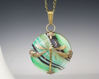 Dragonfly Necklace Green & Brown Czech Glass Button Oxidized Brass Vintage Inspired Jewelry