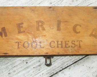 American Tool Chest, Wooden Tool Chest With Seven Tools, Child Size Tools, Rustic Vintage Hinged Box With Working Latch, Construction Toy