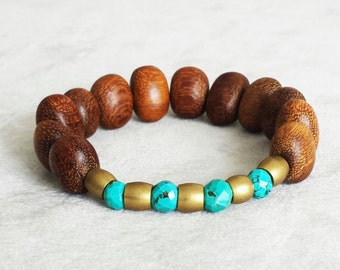 Brass Turquoise and Natural Wood beaded bracelet for men, Anniversary gift for him, stacking bracelets, gift for men, stackable bracelets