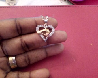 Silver with Gold Sparkly Heart and Hands Necklace