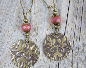 Boho embossed brass earrings with dusty rose Czech glass, dangle earrings, beaded earrings