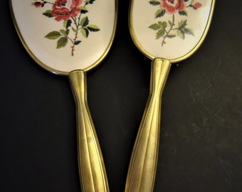 À main Vintage miroir brosse motif Floral de Roses