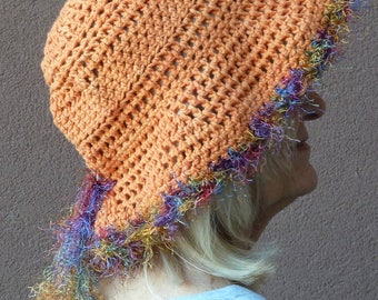 Chemo hat, floppy hat with a brim, women's crochet hat in orange, women's summer fashions, Bohemian hat, free shipping in USA, gift for her