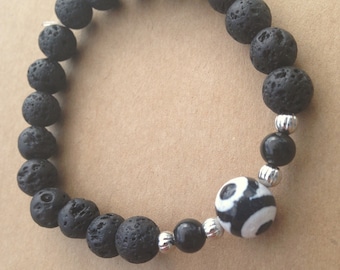 Black Lava Bead Diffuser Bracelet with Large Black and White Agate Eye Gemstone