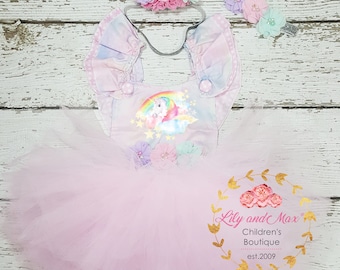 Unicorn Birthday Outfit, Unicorn headband, Unicorn Rainbow Birthday tutu set, Unicorn Romper, Rainbow unicorn set, Unicorn Girls Costume