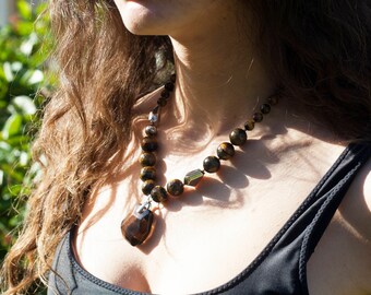 Beaded Tiger's Eye Necklace w/ Glass Pendant