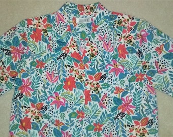 Vintage Bright Tropical Floral Print Button Front Top Size 14
