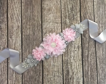Pink and grey maternity sash, maternity sash, baby shower sash, pink maternity sash, grey maternity sash