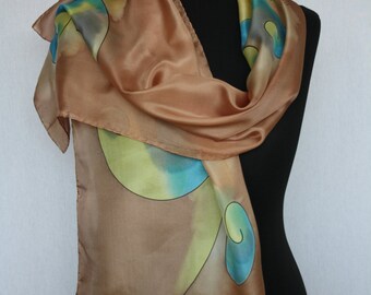 Hand-painted silk scarf (pongé 5), 165 x 40 cm, brown with yellow and blue (L-0061)
