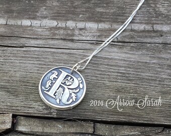 Personalized Wax Seal Initial Pendant and Necklace made from Recylced, Reclaimed fine silver .999 Great Bridesmaid gift