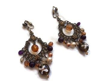 Vintage Beaded Antiqued Brass Clip-on Chandelier Earrings - 1980's - 3.5" - VIN5318710