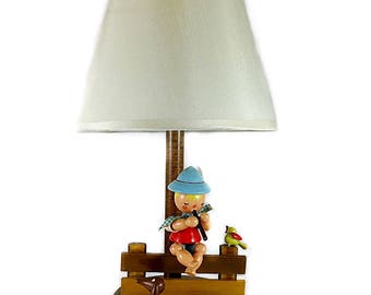 Nursery Originals Childs Lamp Maple Finish Wood Figures Vintage 1950s 60s Irmi Design