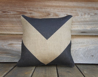 Black Chevron Pillow, Burlap, Decorative Throw Pillow, Geometrical, Arrow, Industrial