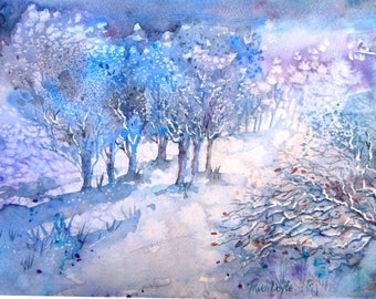 Snowscene "Snowfall in a Moonlit Wood " Watercolor painting, , Original art, Christmas Holiday Gift, Winter woods