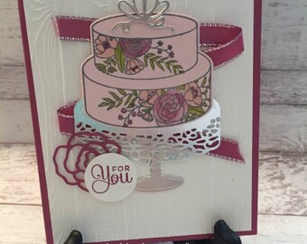 Birthday Card, Elegant Handmade Card, Fancy Birthday Cake Card, Floral Birthday Card, Pink Birthday, Stampin' Up! Cake Soiree