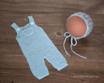 Knit romper baby boy, blue romper newborn, bonnet and romper set, newborn outfit, newborn photography prop.
