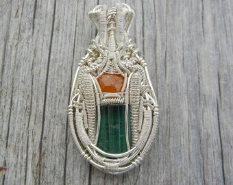 Tourmaline Wrap, Heady Wire Wrap, Tourmaline and Garnet Pendant, Tourmaline Wire Wrapped Pendant, Tourmaline Wire Wrap, Crystal Pendant