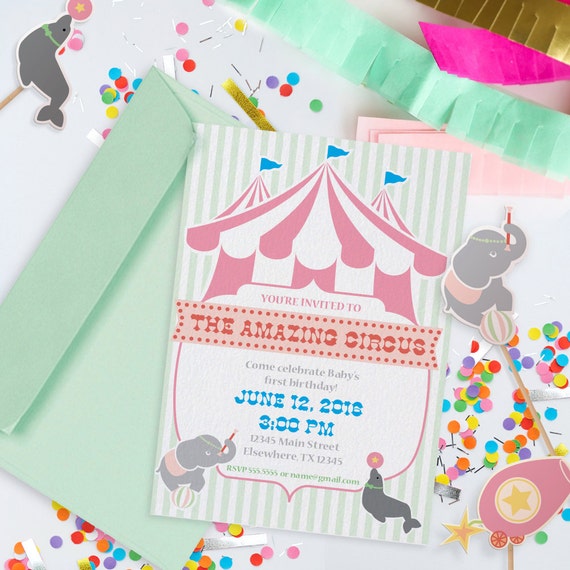 Pastel Circus Party Theme // Customizable Invitation