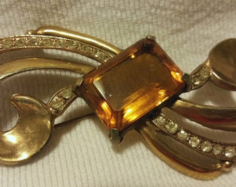 1950 Vintage Large Prong Set Topaz Rhinestone Ribbon Brooch Heavy