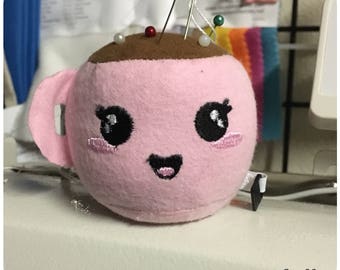 Tea Cup Pin Cushion and Retractable Tape Measure - In Pink