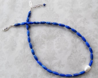 Blue Lapis Pearl Necklace, Beaded Necklace, Jewelry Gift, Boho Jewelry, Blue Jewelry, Gemstone Jewelry, Lapis Jewelry, Pearl Necklace, Gift