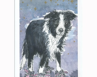 Border Collie dog wearing slippers 8x10 art print