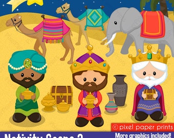 Nativity Scene 2- Clip art and digital paper set - Three Wise kings clipart
