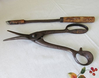 Set of 2 Vintage Handforged Soldering Iron / Vintage Tin Snips / Scissors / Wood Handle Tools / Soldering Iron / Rustic Tools / Forged Steel