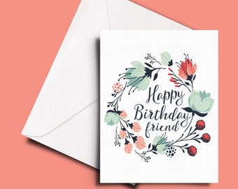 Feminine birthday card with a floral wreath for a friend