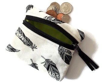 Feather coin purse, change purse, coin pouch, zipper pouch