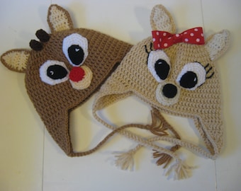 Children's Rudolph the Red Nosed Reindeer or Clarice Hat with Earflaps