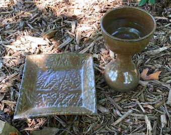 Chocolate Brown Chalice and Paten Communion Set Handmade Pottery by Daisy Friesen