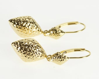 14K Studded Puffy Lattice Pattern Dangle Lever Back Earrings Yellow Gold