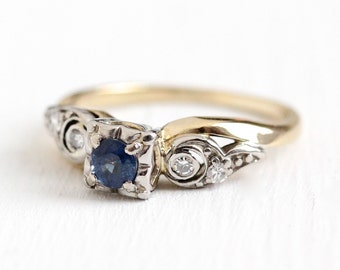 Sapphire Engagement Ring - Vintage 14k Yellow & White Gold Genuine .25 Carat Blue Gemstone Diamond - Size 4 3/4 Fine Alternative Jewelry