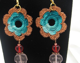 CROCHET EARRINGS TURQUOISE AND COPPER FLOWER