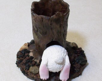 Miniature tree stump and bunny butt: Fairy garden or terrariums Polymer clay rustic tree stump