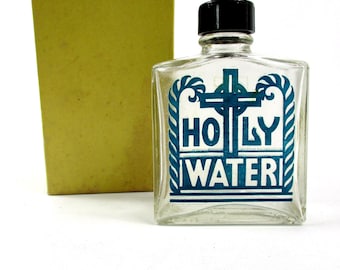 Vintage 1940s Glass Holy Water Bottle NOS Original Box,Blue Graphics Heavy Glass Holy Water Bottle Black Cap with Anointing Sprinkle Top
