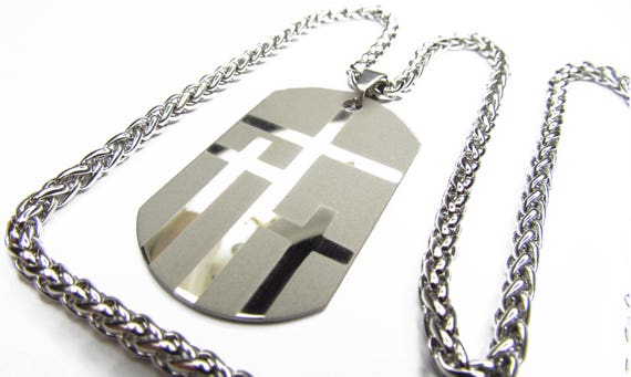 Large Silver Calvary Three 3 Cross DogTag Pendant and Stainless Steel Chain Christian Jewelry - Saint Michaels Jewelry - Calvary Three Cross
