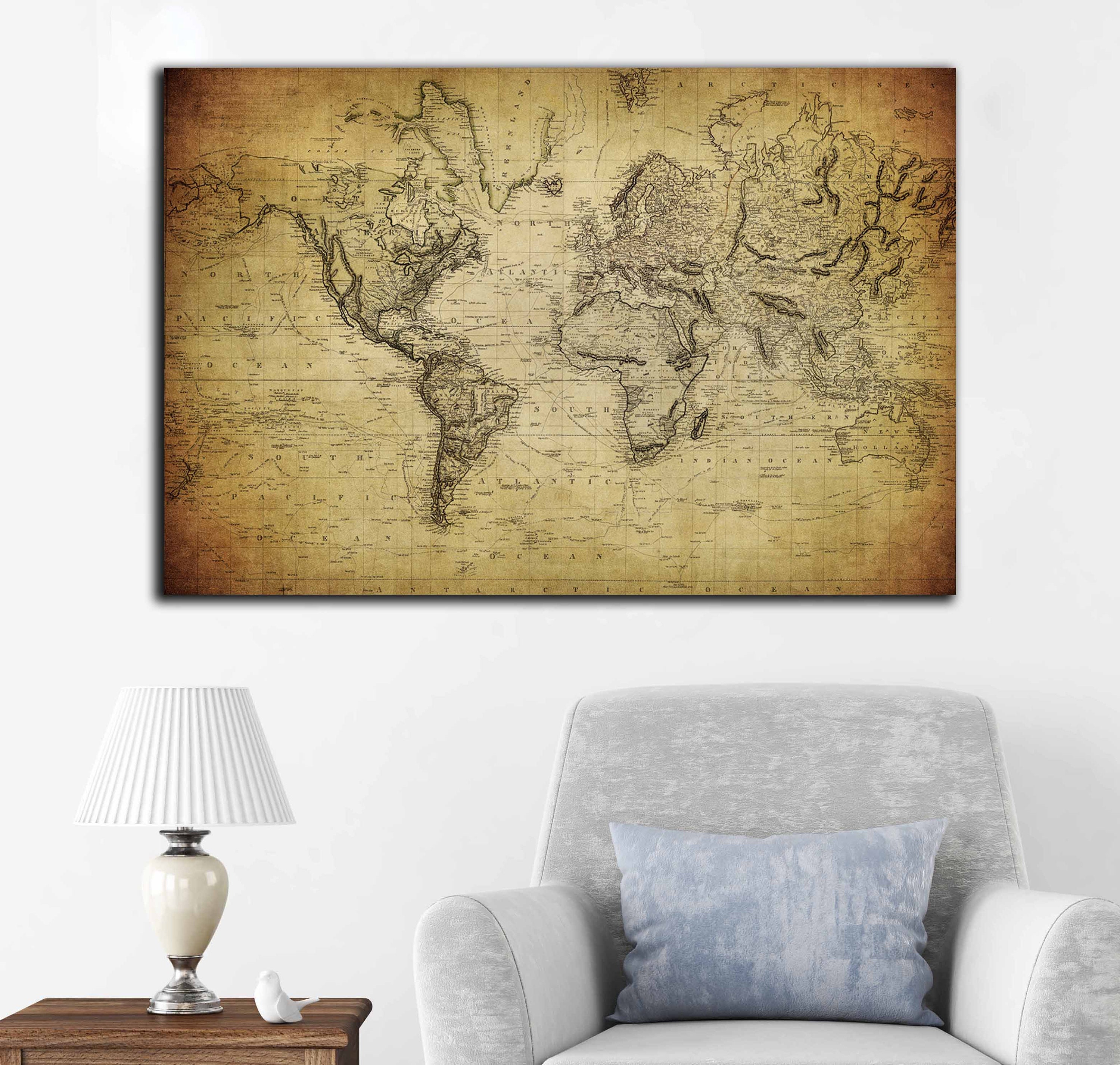 vintage 1814 world map canvas panel ready to hang world map vintage art world map wall art rustic world map antique world map canvas