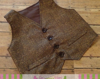 GROOMSMEN Brown Tweed Herringbone LOOK Cotton Country Wedding Vest ADULT Sizes