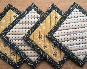 Quilted Coaster Set - Butter Yellow Flowers and Polka Dots