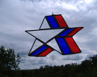 red, white, blue star, stained glass suncatcher