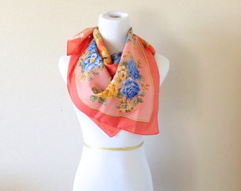 Italian Vintage Floral Scarf in Orange and Blue