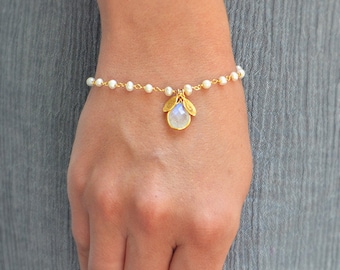 Personalized Rainbow Moonstone bracelet - freshwater pearl wire wrapped bracelet - bridesmaid bracelet - June Birthstone bracelet - initial